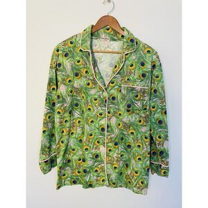 Bed Head Peacock Print 100% Fine Cotton Button Down Long Sleeve Pajama Top Small